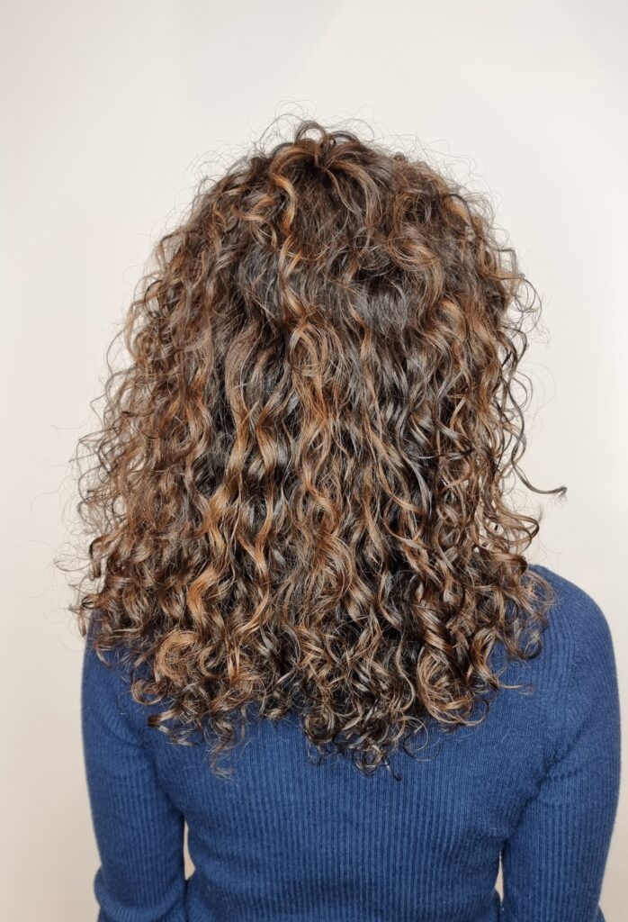 brunette balayage on curly hair - bam hair salon